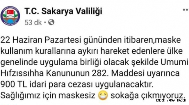 Sakarya Valiliği Uyardı Maske Takmayana 900 Tl Ceza