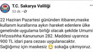 Sakarya Valiliği Uyardı Maske Takmayana 900 Tl Ceza