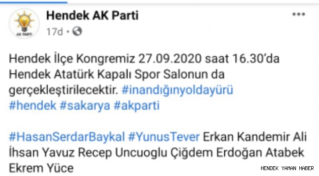 AK Parti Hendek  İlçe Başkanı Baykal'dan kongreye davet