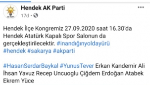 AK Parti Hendek İlçe Başkanı Baykal'dan kongreye davet