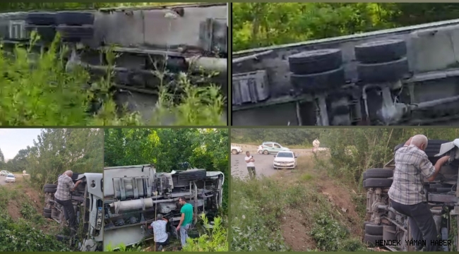 Hendek D-100 Hicriye Mahallesi Mevkiinde Freni Boşalan Kamyon Devrildi