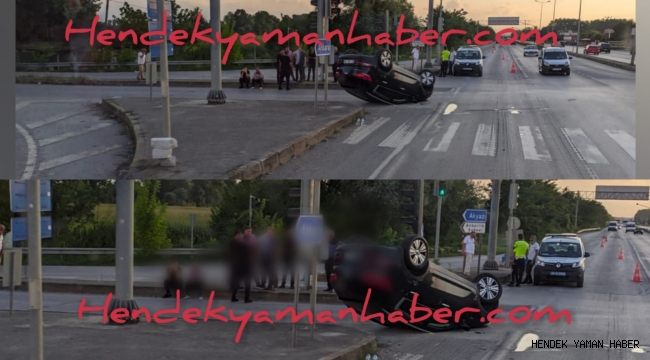 Hendek D-100 Karayolu Ormanköy ışıklarında kaza. Otomobil ters döndü.