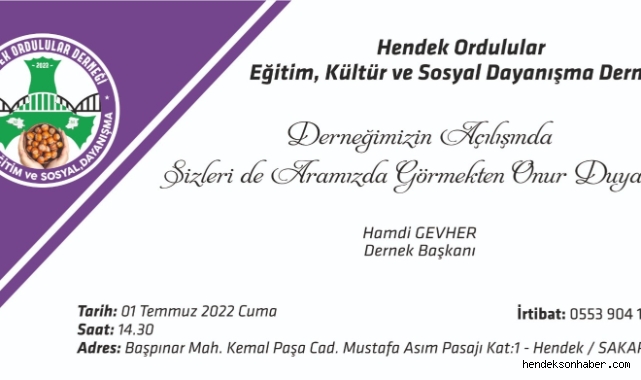 Hendek Ordulular Eğitim Kültür ve Sosyal Dayanışma Derneği Binası Açılıyor!