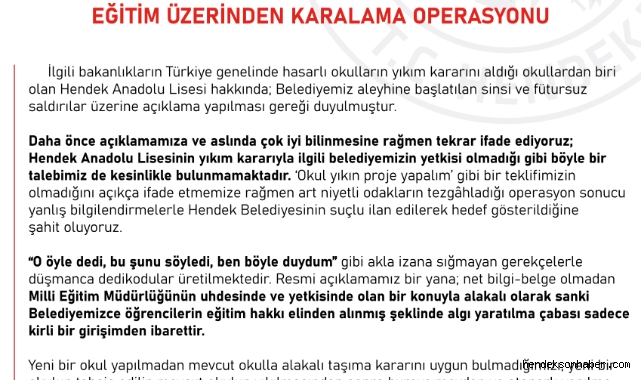 Hendek Belediyesinden Açıklama Eğitim Üzerinden Karalama Operasyonu