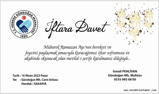 Hendek Gündoğan Mahallesi Geleneksel İftarına Davet