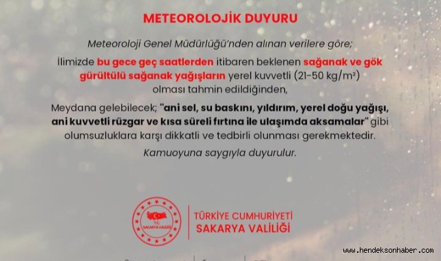 Bu Uyarı Sakarya Valiliği’nden 