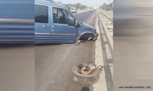 Hendek D.100’de korkutan kaza! Bariyerlere çarptı, tekeri koptu