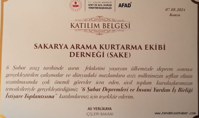 İçişleri Bakanı Yerlikaya'dan SAKE'ye Teşekkür Belgesi: