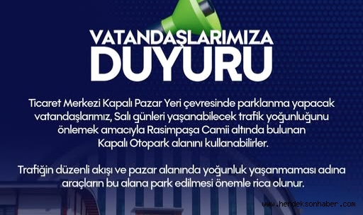 Hendek ​Belediyesi'nden  Otopark Çağrısı: Salı Günleri "Rasimpaşa Kapalı Otoparkı Kullanın"