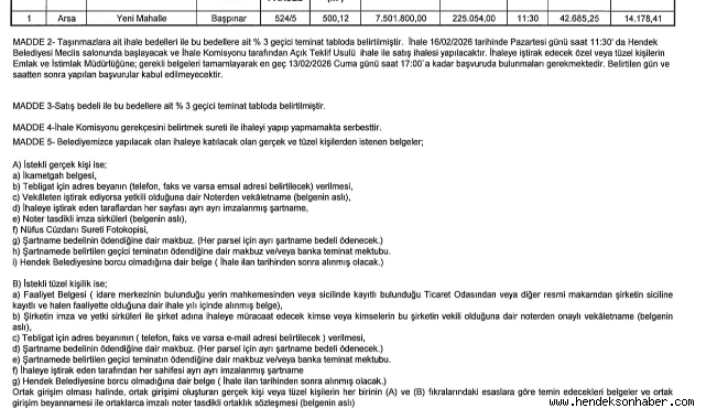 HENDEK BELEDİYESİNDEN İHALE DUYURUSU